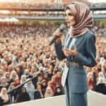 confident female speaker on stage