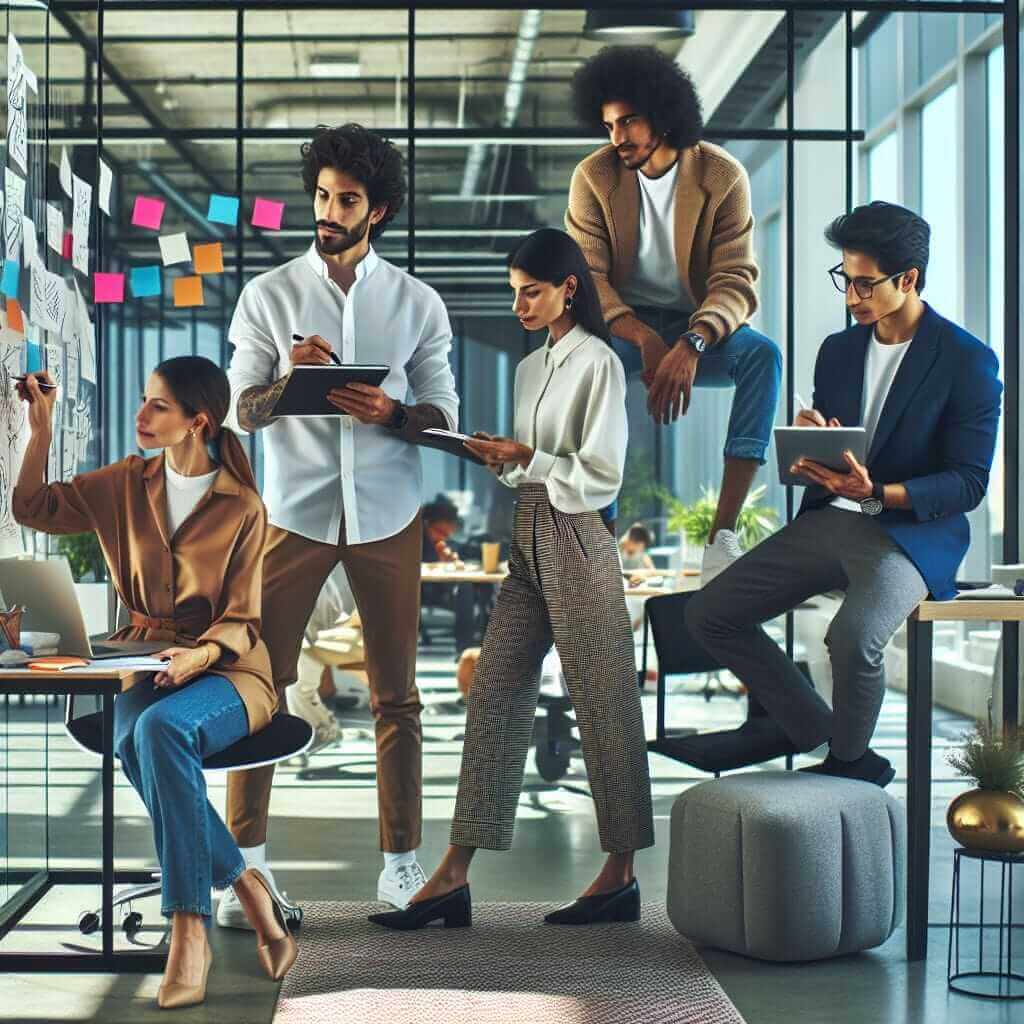 A creative team brainstorming in the workplace