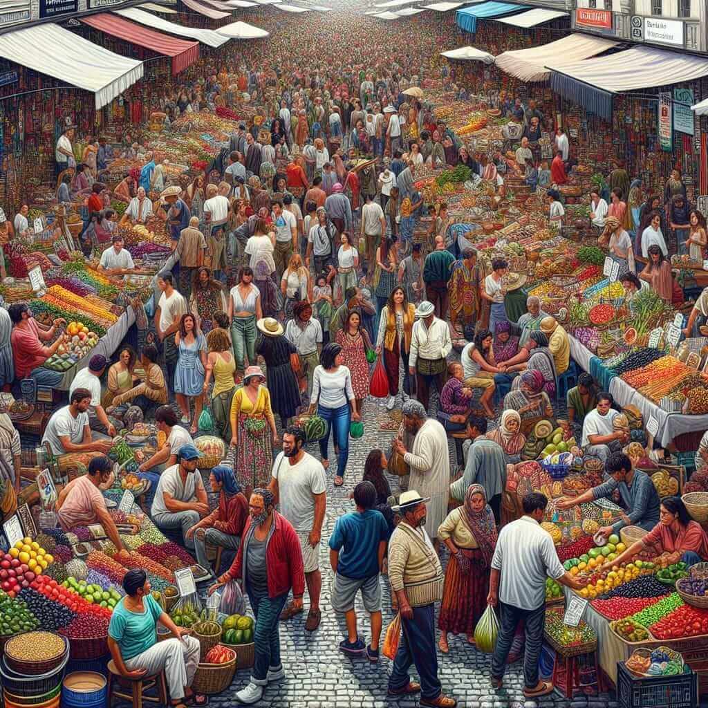 Crowded Market Vendors Shoppers