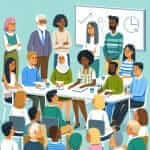 diverse group of people talking in a classroom