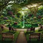 A quiet, relaxing botanical garden with lush greenery and a serene lake