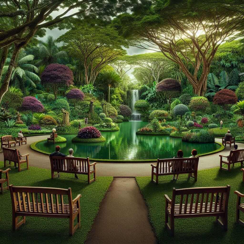 A quiet, relaxing botanical garden with lush greenery and a serene lake