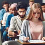 students using phones in class