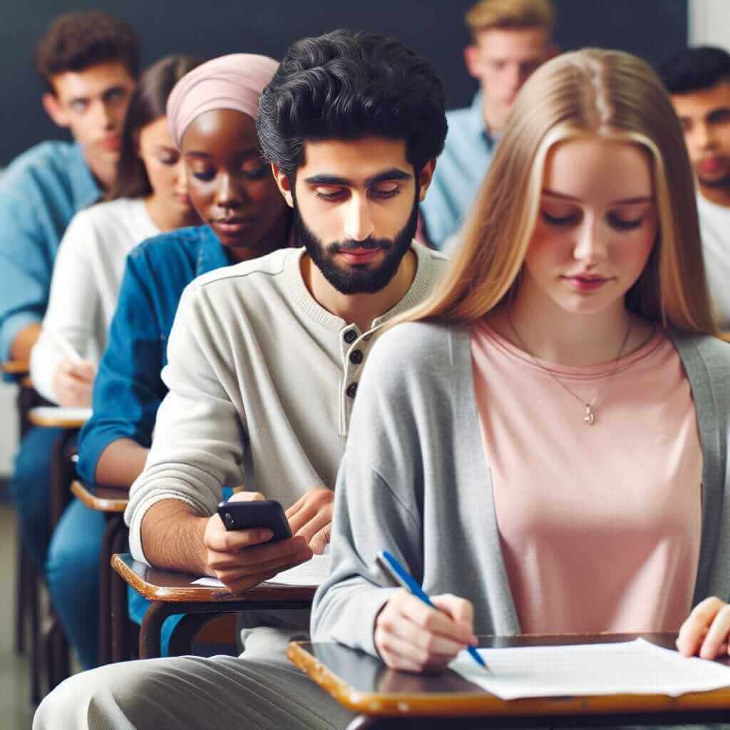 students using phones in class