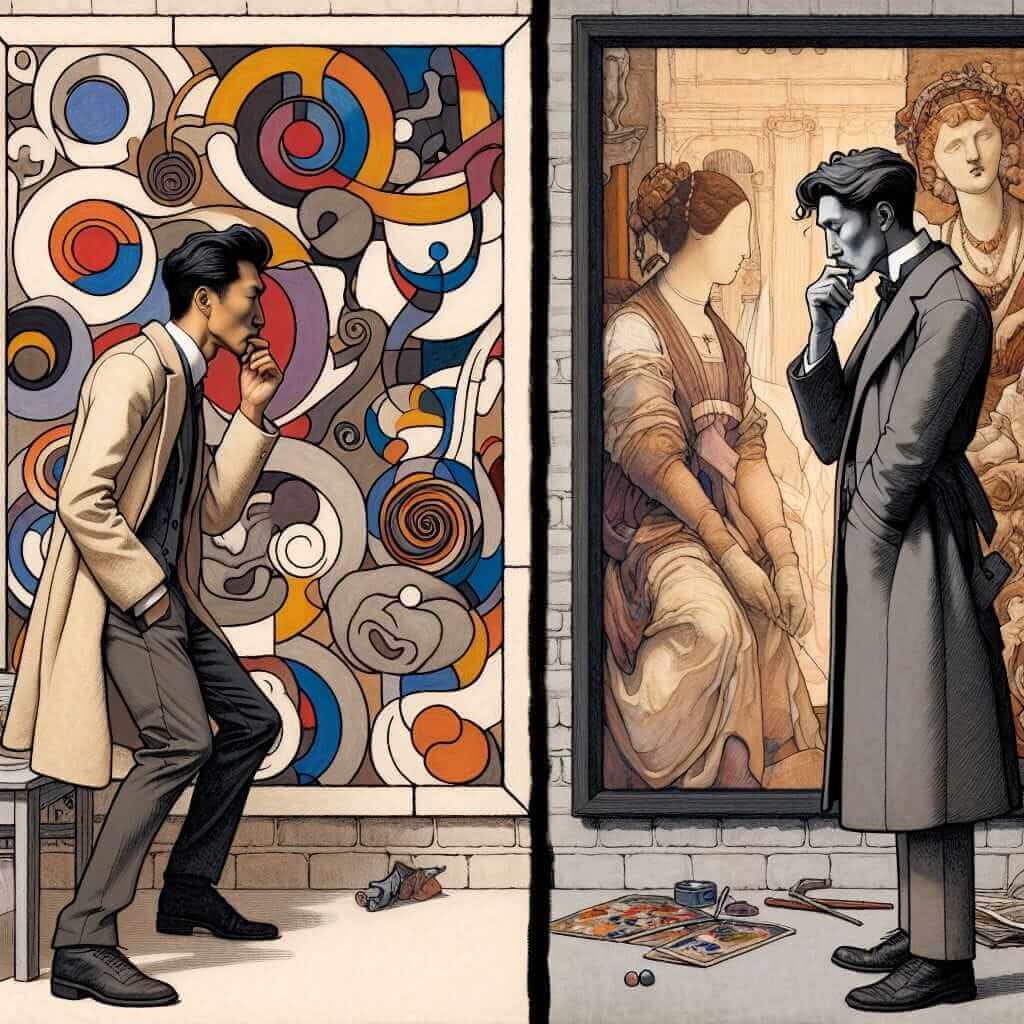 Person appreciating modern art vs traditional art