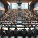 Classroom in university with many students attending a lecture