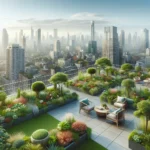 Urban rooftop garden with city view