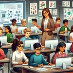 Students learning with computers and teacher