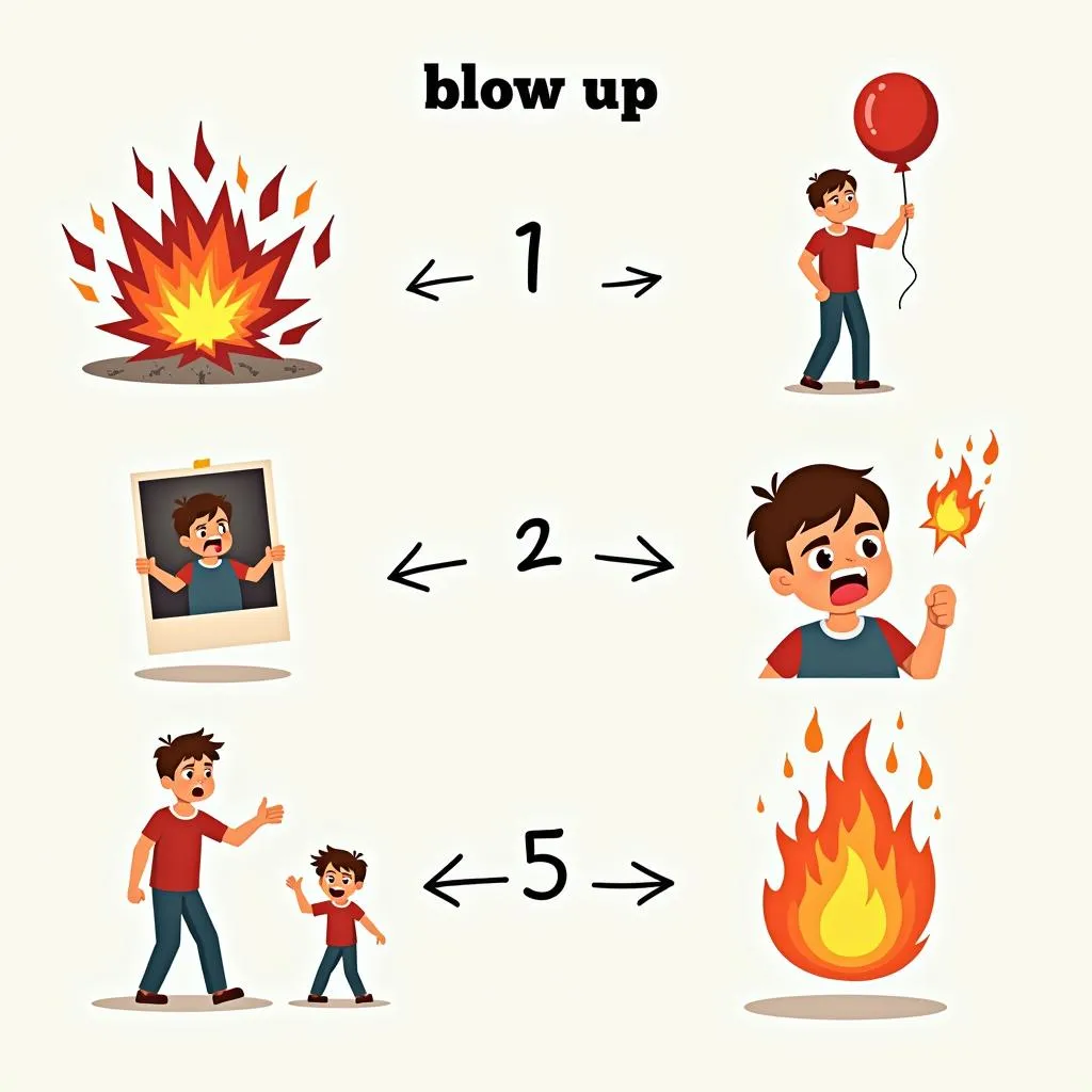 Visual memory tips for the phrasal verb 'blow up'
