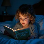 Child reading Charlotte's Web at bedtime
