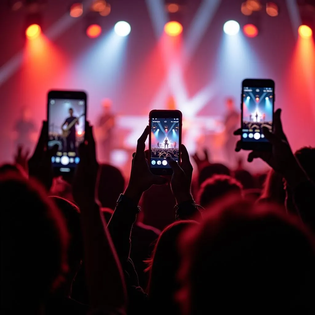 Concertgoers using smartphones during a concert