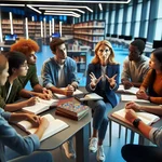 Diverse group of students receiving guidance from mentor