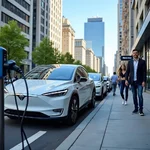 Electric cars at a charging station in a city