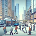 Electric buses and trams in a busy city