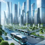 Electric buses in a modern city