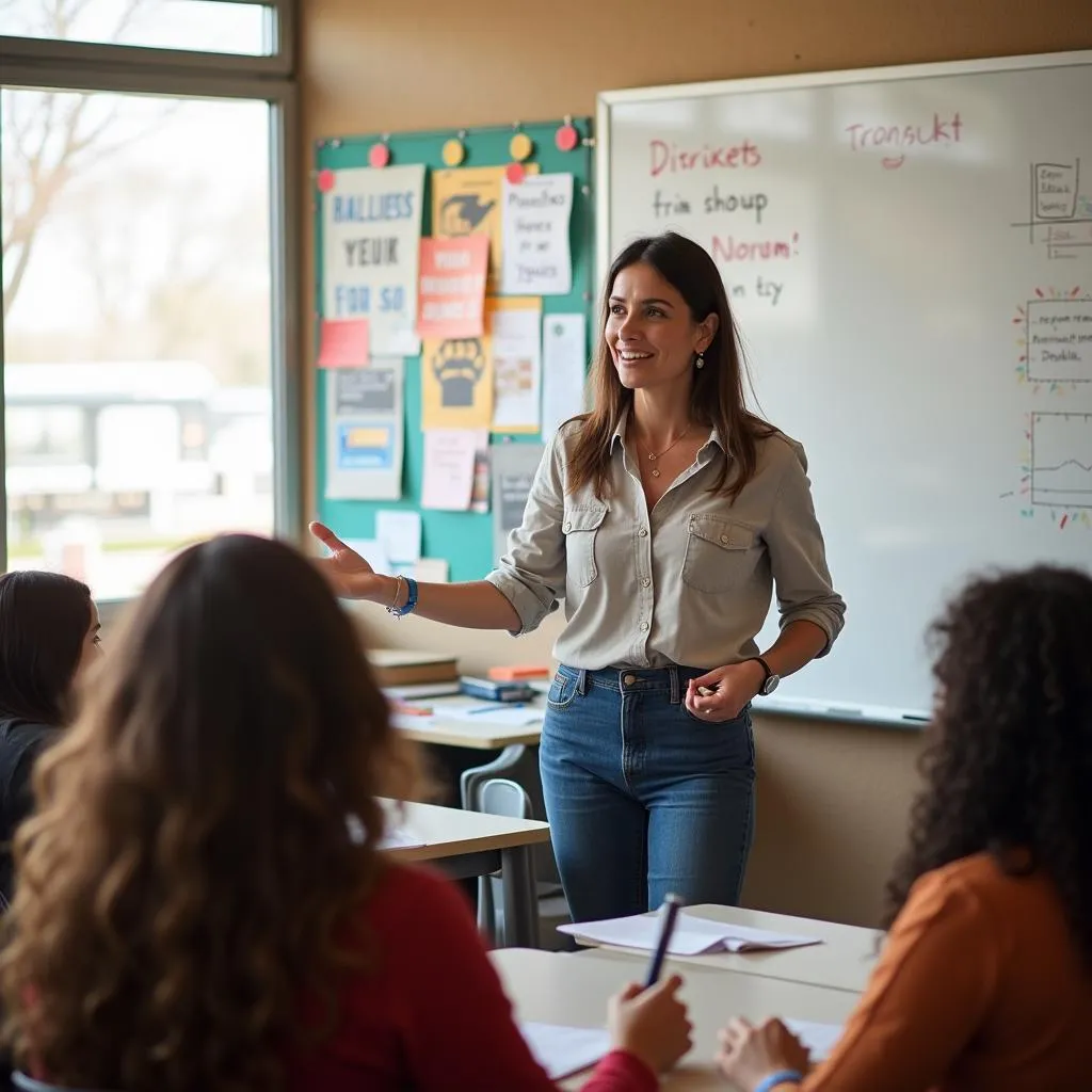 Inspiring teacher motivating student during IELTS speaking test