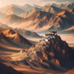 Ladakh landscape with mountains and monastery