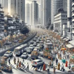 Crowded city street illustrating overpopulation