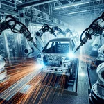 Robotic arms welding in a car factory