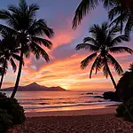 Beautiful sunset over a Bali beach with palm trees