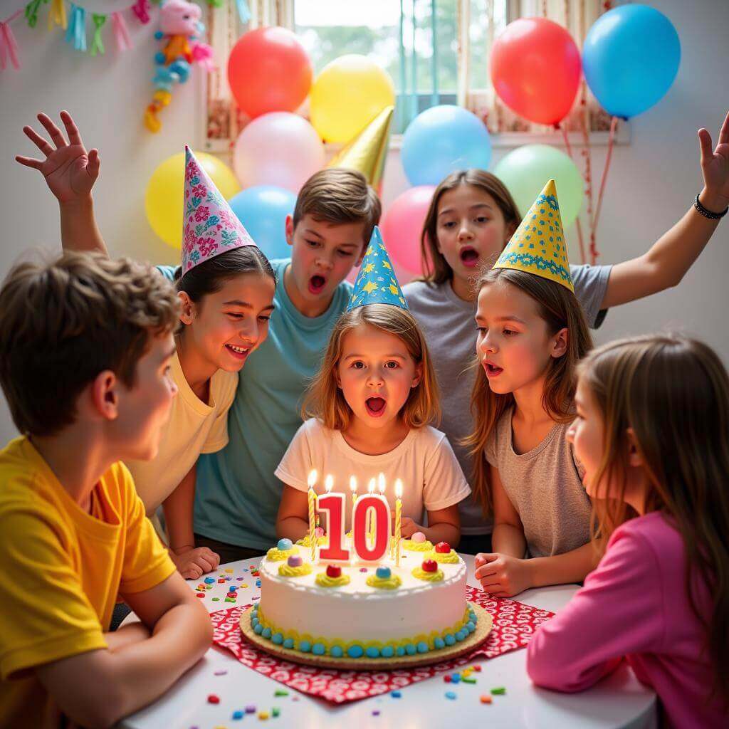Happy children celebrating at a colorful birthday party