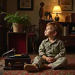 Child listening to "Imagine" on record player