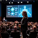 Confident speaker delivering keynote at tech conference