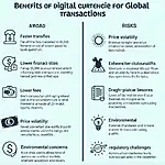 Infographic comparing benefits and risks of digital currencies in global transactions