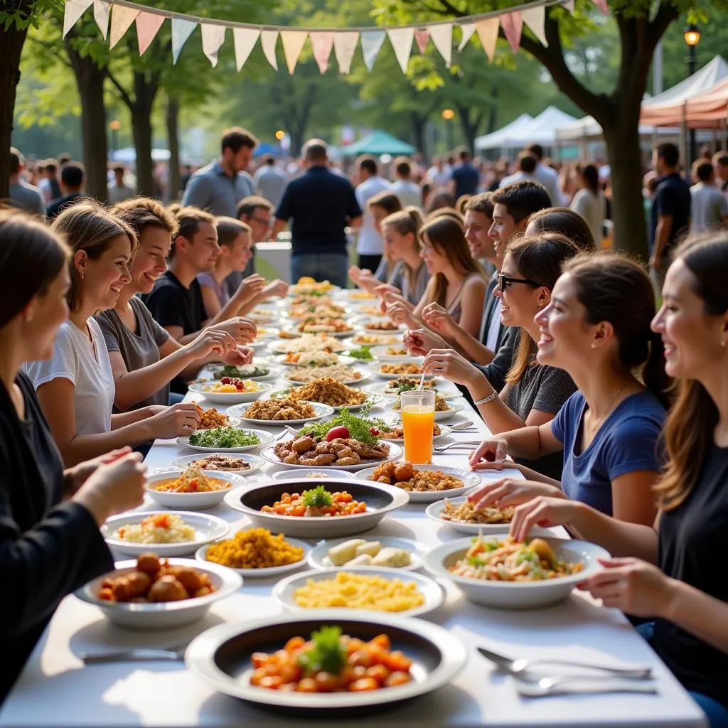 Diverse group of people sharing a meal at a community event