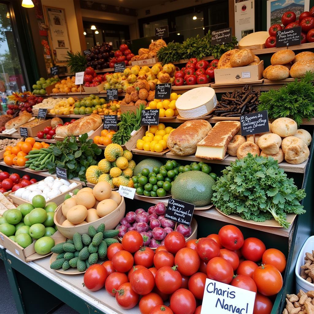 Diverse array of fresh produce and artisanal products at a local food market