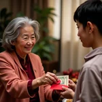 Family member giving money gift in envelope