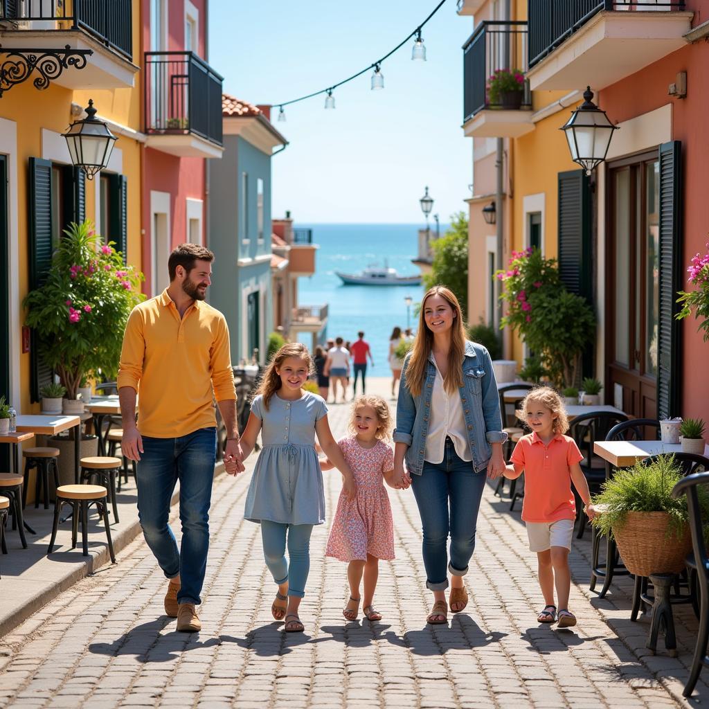 Family exploring a picturesque coastal town