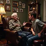 Elderly man sharing wartime memories with grandson