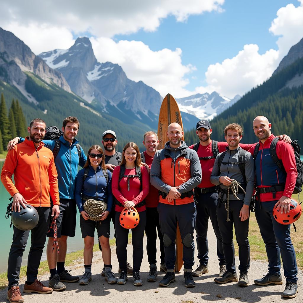 Group of adventure sports enthusiasts with equipment