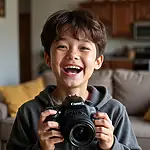 A person holding a DSLR camera with a look of excitement