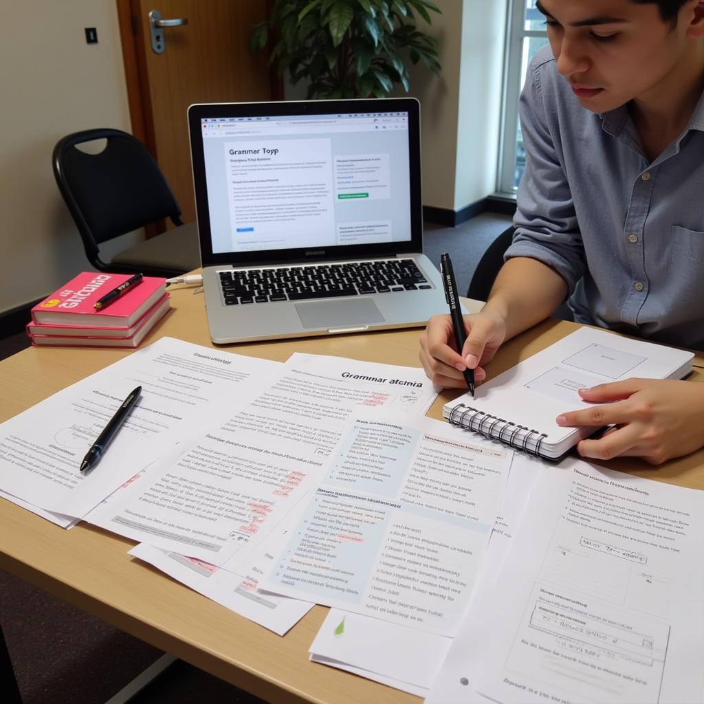 IELTS student practicing grammar exercises