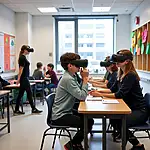Students using VR headsets in a classroom setting