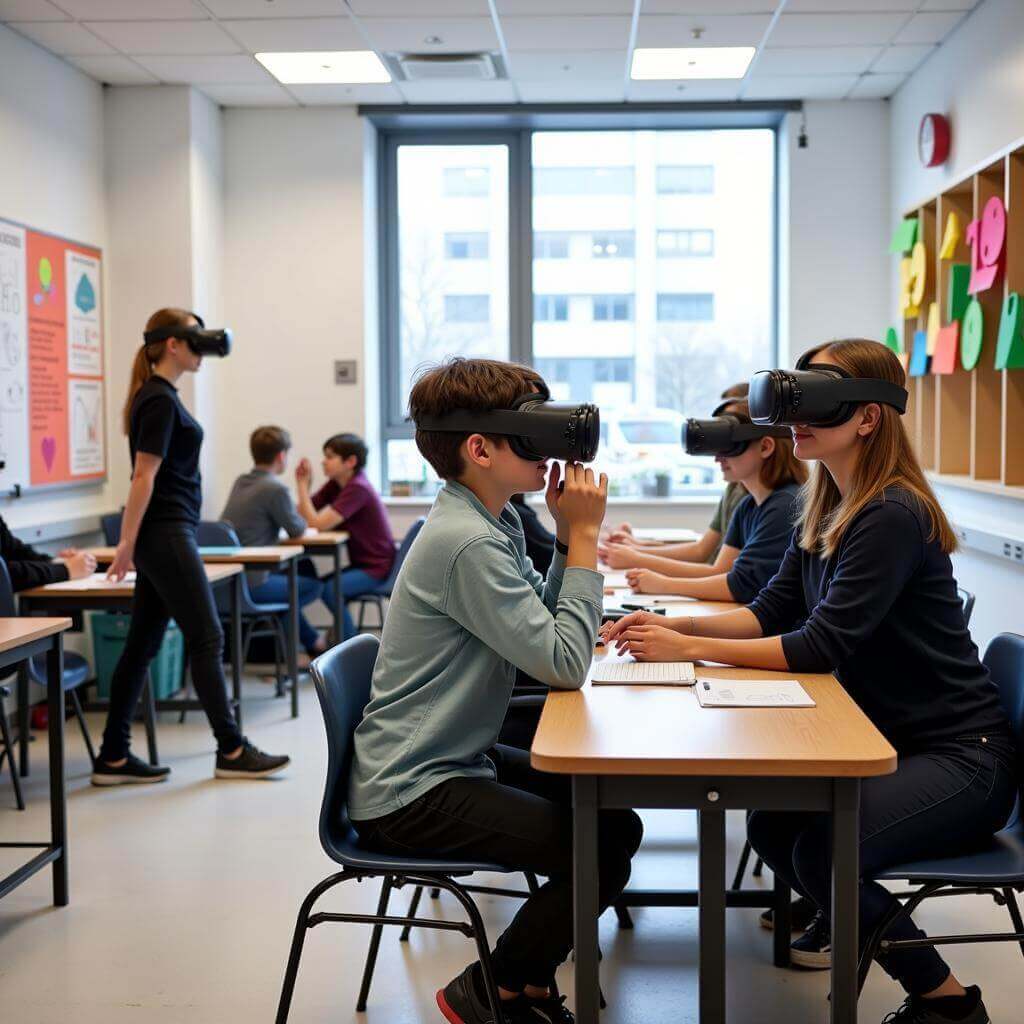 Students using VR headsets in a classroom setting