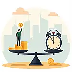 A person balancing money and a clock on a scale