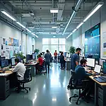 Researchers collaborating in interdisciplinary center