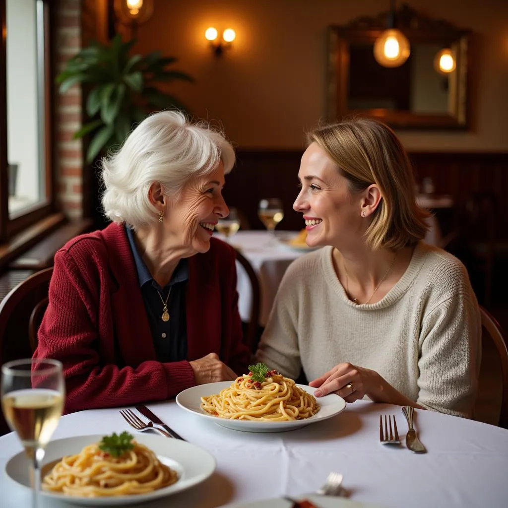 Grandmother and granddaughter enjoying a meal at an Italian restaurant