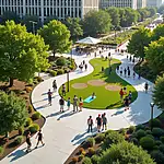 Modern urban park with diverse features