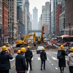 Construction site causing noise pollution on a busy city street