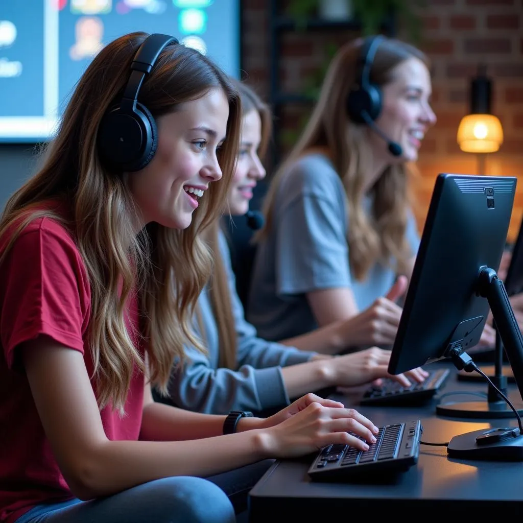 Teenagers interacting during online gaming session