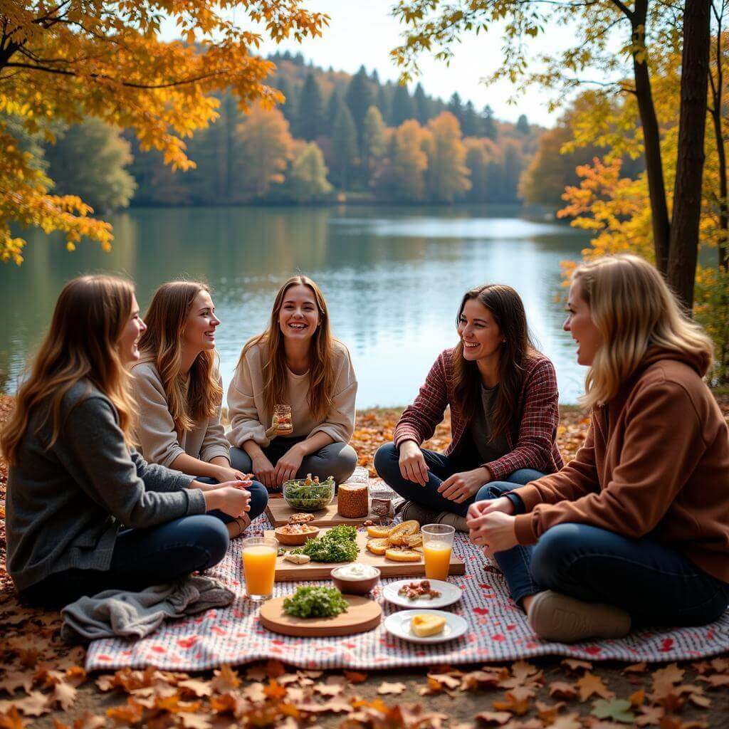 Outdoor picnic by a lake with friends enjoying food