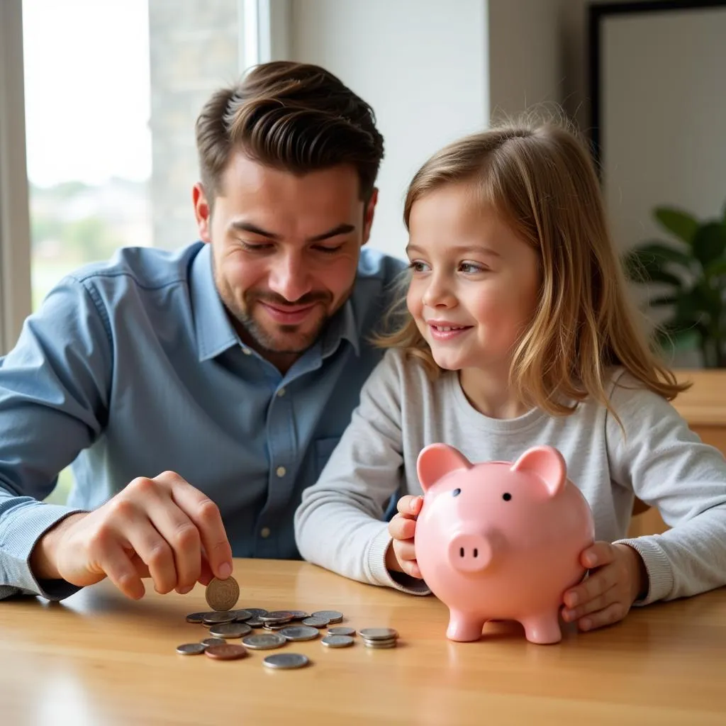 Parent teaching child about money management