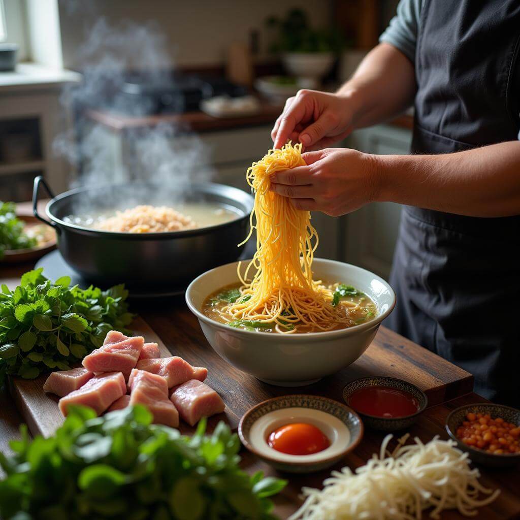 Person cooking Pho in Vietnamese kitchen