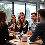 Colleagues laughing together in office