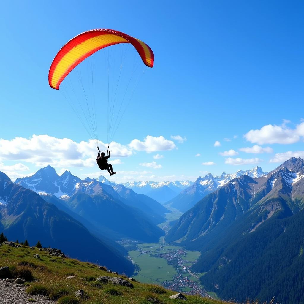 Person paragliding over mountains