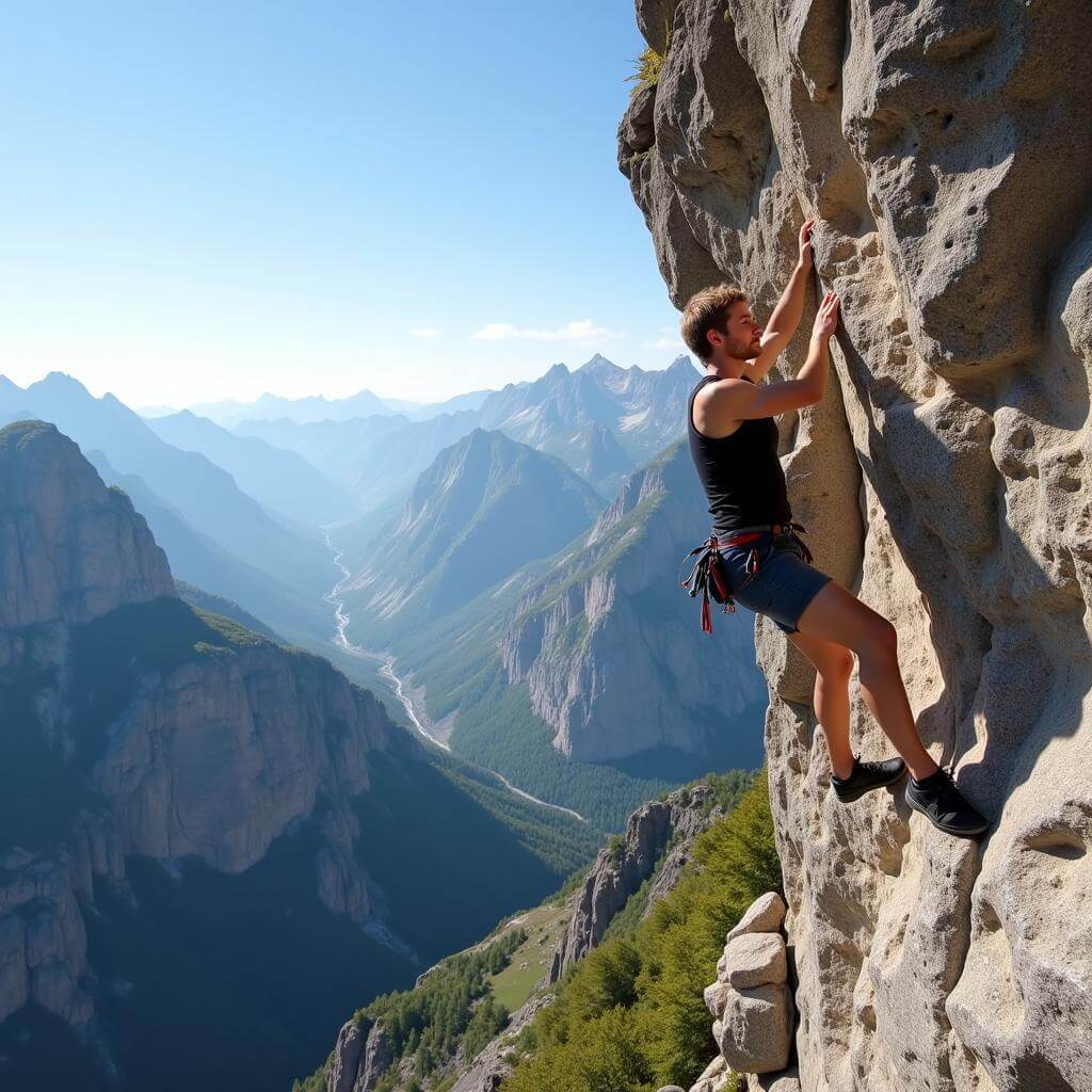 Person rock climbing on a mountain cliff